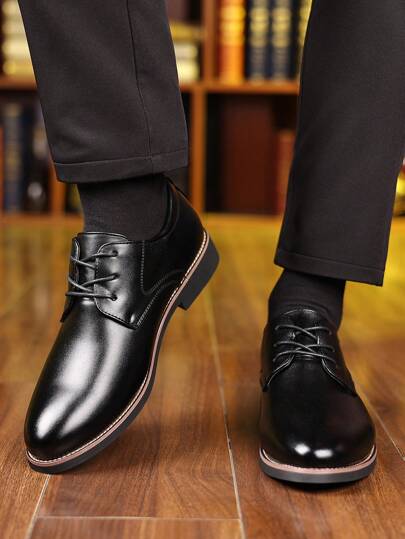 Chaussures Derby habillées minimalistes en PU de couleur unie pour hommes, chaussures basses à lacets noirs à bout pointu pour le bureau, le mariage, les trajets