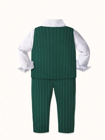 4 pièces/set Nouveau costume formel de gentleman pour garçons, comprenant une chemise blanche + un gilet rayé + un pantalon + un nœud papillon, convient pour le garçon d'honneur, le mariage, les événements scolaires, les banquets