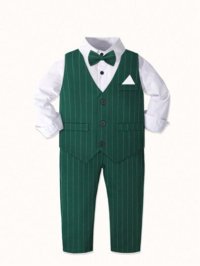 4 pièces/set Nouveau costume formel de gentleman pour garçons, comprenant une chemise blanche + un gilet rayé + un pantalon + un nœud papillon, convient pour le garçon d'honneur, le mariage, les événements scolaires, les banquets
