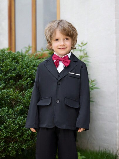 Ensemble 3 pièces de jeune homme gentleman - Blazer en sergé tissé noir, gilet et pantalon, élégant, convient pour les fêtes d'anniversaire, les événements en soirée, les mariages, les baptêmes et les premières célébrations d'anniversaire