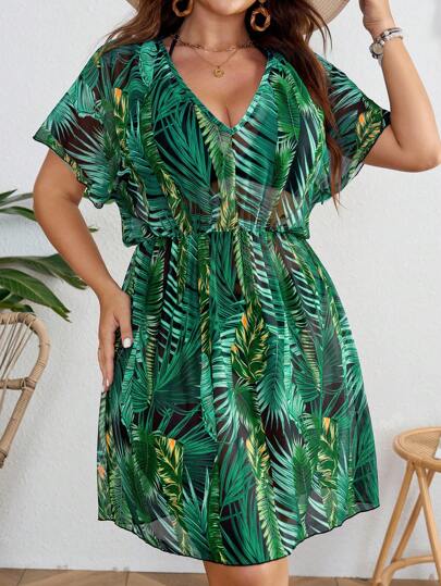 Swim Lushoire Robe de plage imprimée tropicale grande taille avec taille cintrée, été