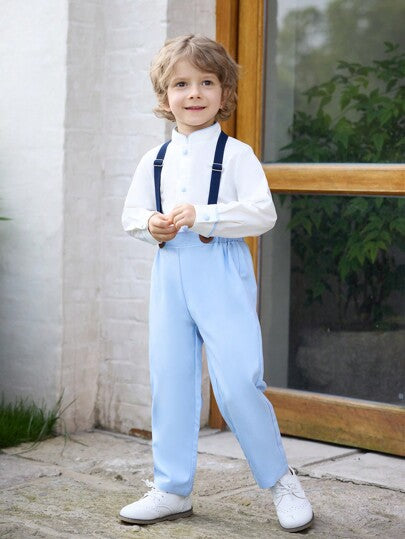 Ensemble de costume pour garçons jeunes et élégants en 3 pièces - 2 chemises habillées, pantalon long et bretelles pour tenues formelles élégantes pour les fêtes d'anniversaire, les spectacles du soir, les mariages et la saison de retour à l'école.