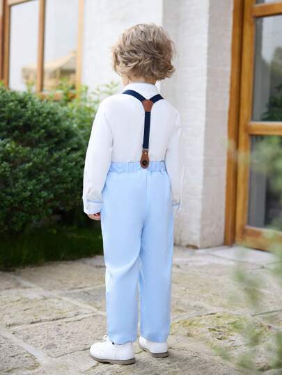 Ensemble de costume pour garçons jeunes et élégants en 3 pièces - 2 chemises habillées, pantalon long et bretelles pour tenues formelles élégantes pour les fêtes d'anniversaire, les spectacles du soir, les mariages et la saison de retour à l'école.