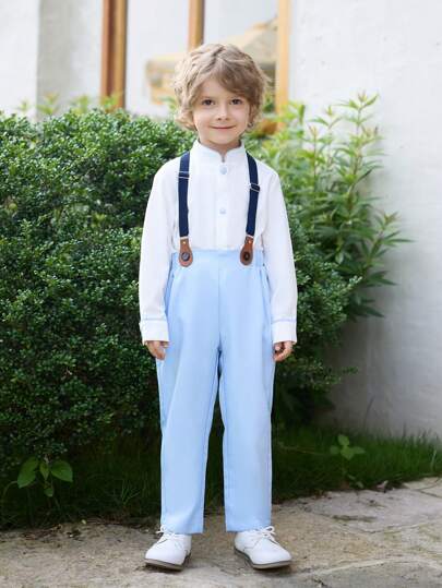 Ensemble de costume pour garçons jeunes et élégants en 3 pièces - 2 chemises habillées, pantalon long et bretelles pour tenues formelles élégantes pour les fêtes d'anniversaire, les spectacles du soir, les mariages et la saison de retour à l'école.