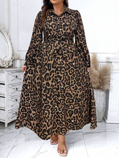 Clasi Robe longue à manches longues avec imprimé léopard pour le printemps et l'été, tenue maxi pour femmes grande taille