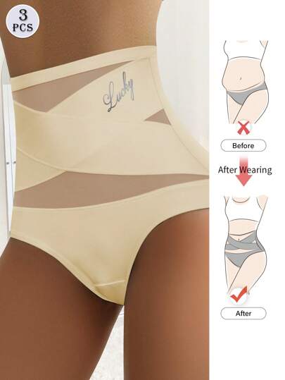 MEIYATING 3 pièces/paquet Culottes gainantes à taille haute pour femmes, culottes triangle sans couture en soie de glace avec maille croisée, gainage du corps & levage des fesses