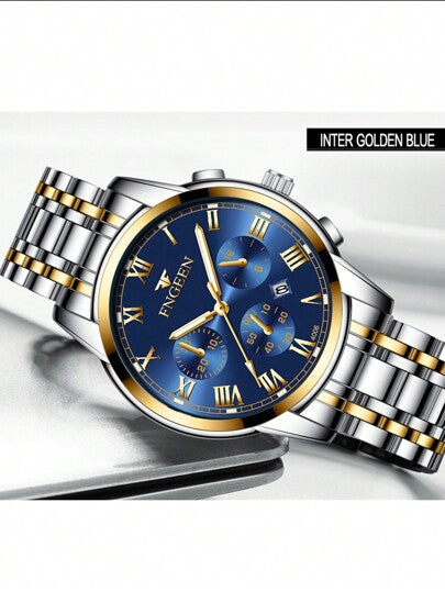 1 pièce Montre pour Homme en Acier Inoxydable avec Fermoir Caché à Bouton, Étanche, Lumineuse, avec Date, Montre de Sport