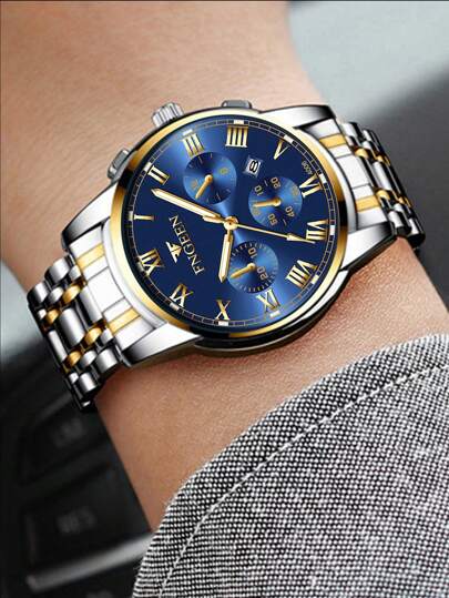 1 pièce Montre pour Homme en Acier Inoxydable avec Fermoir Caché à Bouton, Étanche, Lumineuse, avec Date, Montre de Sport