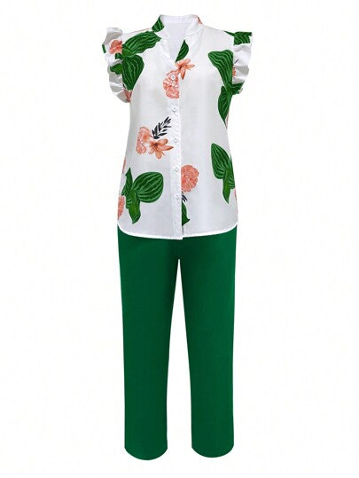 Clasi 2 pièces Ensemble blouse à manches courtes imprimée florale et pantalon couleur unie décontracté pour femmes, été