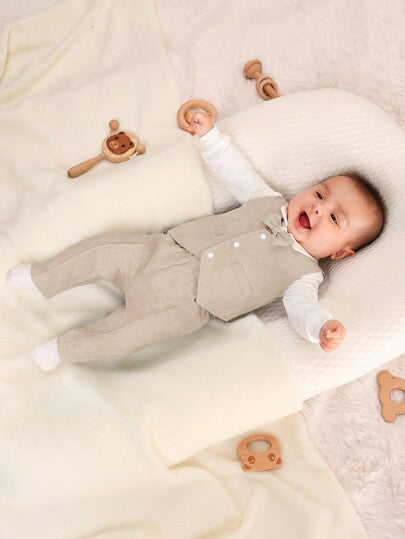 Ensemble 3 pièces pour bébé garçon nouveau-né : body avec nœud papillon, gilet et pantalon, en tissu fin