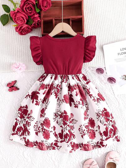 Robe d'été décontractée pour filles avec manches volantées, nœud papillon et imprimé floral