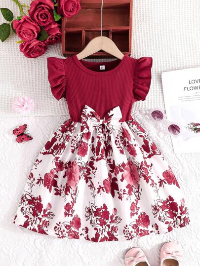Robe d'été décontractée pour filles avec manches volantées, nœud papillon et imprimé floral