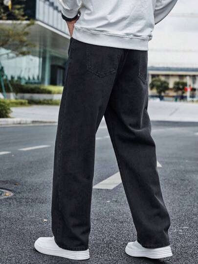 Manfinity Homme Pantalon en jean droit ample avec poches pour hommes en grande taille, tenue de ville, jeans longs noirs unis délavés, jeans cargo lavés, pour mari, cadeau de petit-ami