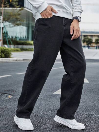 Manfinity Homme Pantalon en jean droit ample avec poches pour hommes en grande taille, tenue de ville, jeans longs noirs unis délavés, jeans cargo lavés, pour mari, cadeau de petit-ami