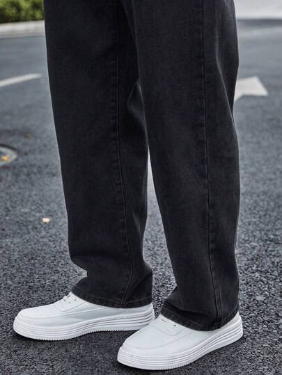 Manfinity Homme Pantalon en jean droit ample avec poches pour hommes en grande taille, tenue de ville, jeans longs noirs unis délavés, jeans cargo lavés, pour mari, cadeau de petit-ami