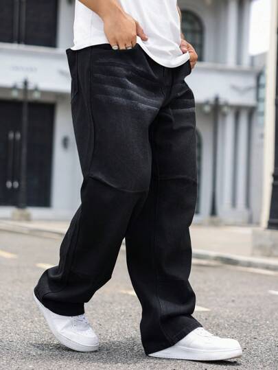 Manfinity Homme Jeans décontractés confortables de coupe droite pour hommes grandes tailles, jeans longs amples unis noirs foncés, jeans cargo. Idéal pour le mari ou le petit ami.