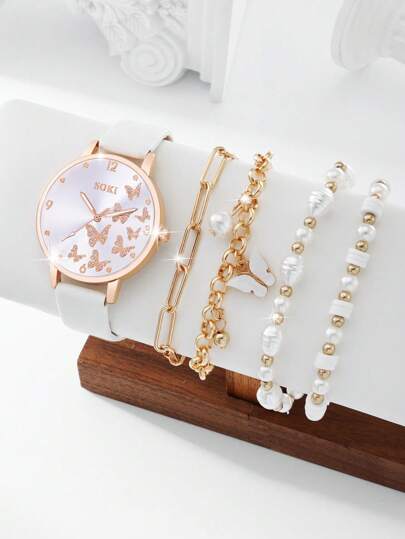 1 Set Montre-bracelet mode décontractée pour femmes, montre à quartz à cadran rond avec chiffres arabes papillon, avec bracelet papillon, argile polymère, fausses perles, convient pour le port quotidien, cadeau d'anniversaire, fête, rassemblement de vacan