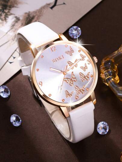 1 Set Montre-bracelet mode décontractée pour femmes, montre à quartz à cadran rond avec chiffres arabes papillon, avec bracelet papillon, argile polymère, fausses perles, convient pour le port quotidien, cadeau d'anniversaire, fête, rassemblement de vacan