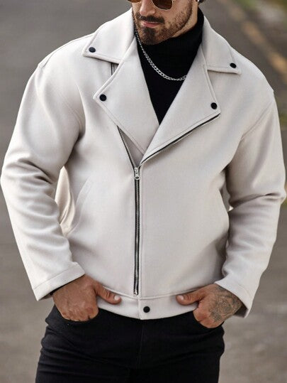 Manfinity CasualCool Veste de moto à manches longues avec fermeture éclair blanche, couleur unie, pour hommes au printemps et en automne. Veste d'hiver, veste de sortie décontractée pour hommes. Cadeau pour les amis, le mari, le petit ami. Style cérémonie