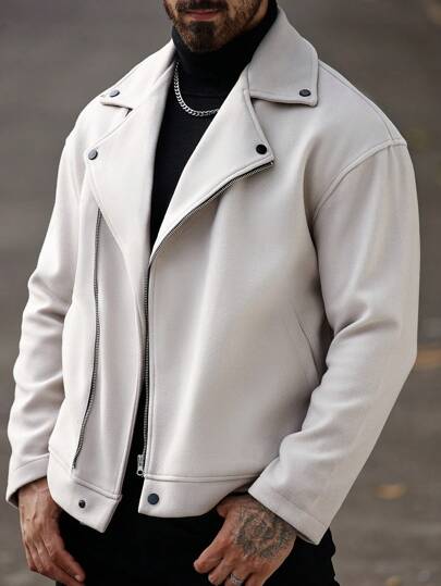 Manfinity CasualCool Veste de moto à manches longues avec fermeture éclair blanche, couleur unie, pour hommes au printemps et en automne. Veste d'hiver, veste de sortie décontractée pour hommes. Cadeau pour les amis, le mari, le petit ami. Style cérémonie