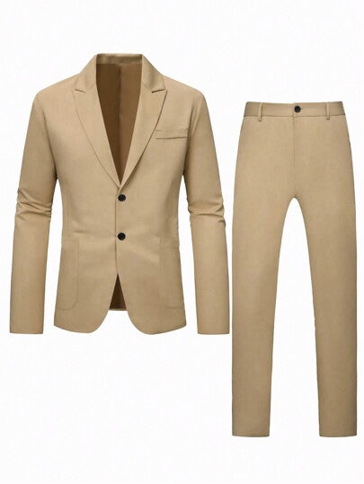 Manfinity Mode Costume homme business couleur unie simple quotidien 2pcs/set Blazer à un seul bouton & Pantalon de costume formel, Cérémonie