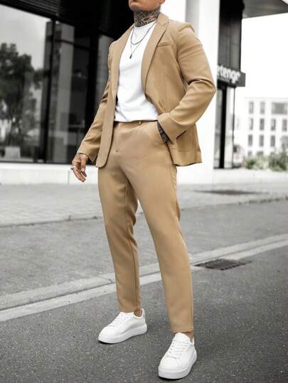 Manfinity Mode Costume homme business couleur unie simple quotidien 2pcs/set Blazer à un seul bouton & Pantalon de costume formel, Cérémonie