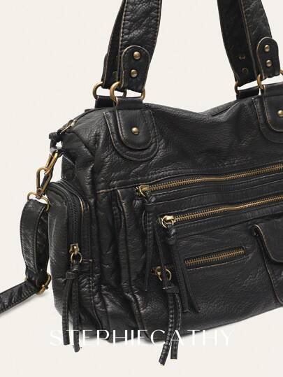STEPHIECATHY Couleur unie lavée en PU, fermeture à glissière, design à plusieurs poches, double courtes sangles, sangle longue réglable, sac à bandoulière croisé pour femmes, décontracté et pratique, convient pour la vie quotidienne, les voyages et encore