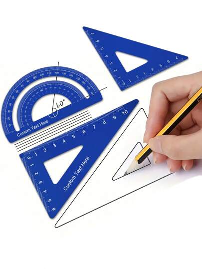 4 pièces Règle triangulaire en alliage d'aluminium personnalisée, règle à ligne ondulée, rapporteur, ensemble de règles en métal de 15 cm/20 cm, nom personnalisé gravé, outils de mesure pour étudiants - parfait pour le dessin, la peinture, l'école et la m