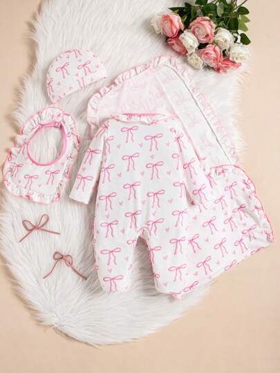 3 pièces/Ensemble Automne/Hiver Bébé Fille Imprimé Papillon Blanc Tenue de Nuit Décontractée à Manches Longues avec Barboteuse, Bonnet et Bavoir Vêtements