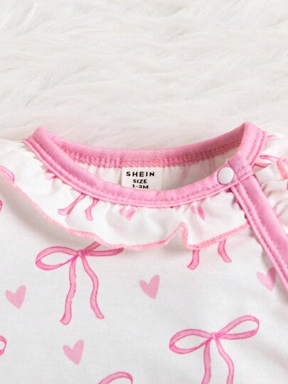 3 pièces/Ensemble Automne/Hiver Bébé Fille Imprimé Papillon Blanc Tenue de Nuit Décontractée à Manches Longues avec Barboteuse, Bonnet et Bavoir Vêtements
