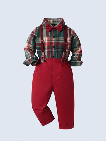 BOARNSEORL Tenue de gentleman pour jeunes garçons, chemise à manches longues rayée avec nœud papillon aléatoire et salopette, mode, convient pour les fêtes de Noël, les mariages, les célébrations d'anniversaire
