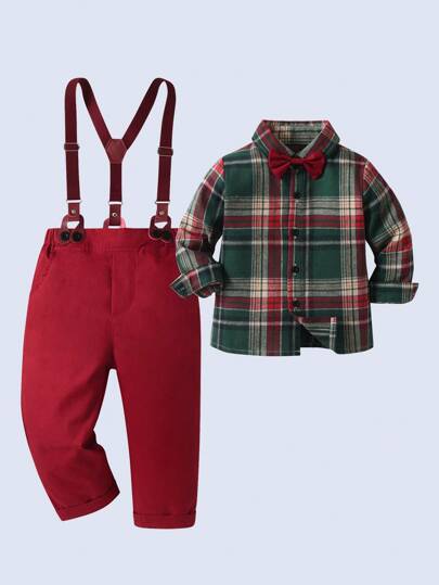 BOARNSEORL Tenue de gentleman pour jeunes garçons, chemise à manches longues rayée avec nœud papillon aléatoire et salopette, mode, convient pour les fêtes de Noël, les mariages, les célébrations d'anniversaire