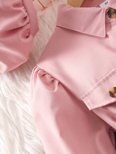 1 set Robe de fille préado à manches longues avec col polo de couleur unie, ceinture et chapeau