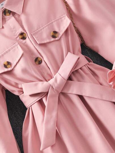 1 set Robe de fille préado à manches longues avec col polo de couleur unie, ceinture et chapeau