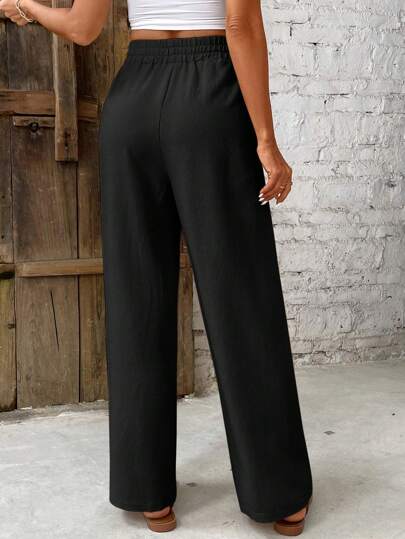 Frenchy Pantalon droit décontracté en 100% coton noir unicolore pour femmes - Bas élégant pour le printemps/été pour les vacances, la remise des diplômes, les voyages, les festivals occidentaux, le style "Island Girl", les vacances au bord de , les escapa