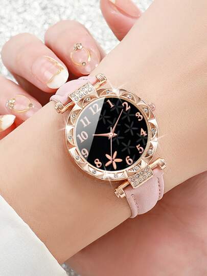 8 pièces/set Montre à quartz à cadran numérique et à motif floral ornée de strass. Combi à la mode pour femmes. Saint-Valentin