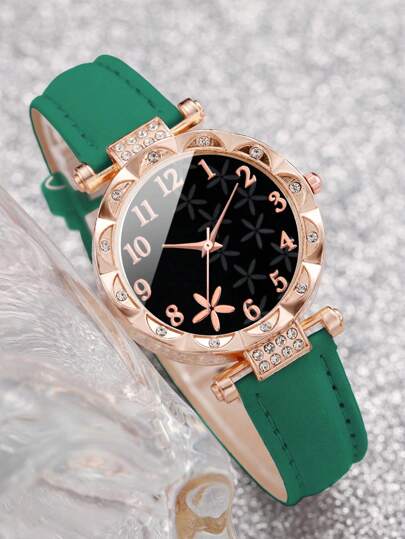 8 pièces/set Montre à quartz à cadran numérique et à motif floral ornée de strass. Combi à la mode pour femmes. Saint-Valentin
