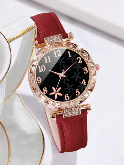 8 pièces/set Montre à quartz à cadran numérique et à motif floral ornée de strass. Combi à la mode pour femmes. Saint-Valentin
