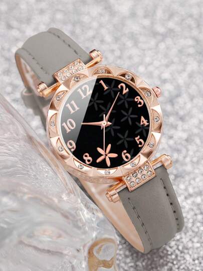 8 pièces/set Montre à quartz à cadran numérique et à motif floral ornée de strass. Combi à la mode pour femmes. Saint-Valentin