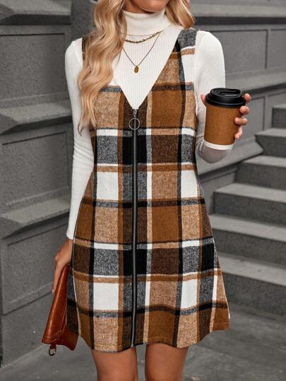 LUNE Robe sans manches à col en V et à fermeture éclair à carreaux pour femmes, automne/hiver