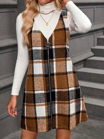 LUNE Robe sans manches à col en V et à fermeture éclair à carreaux pour femmes, automne/hiver