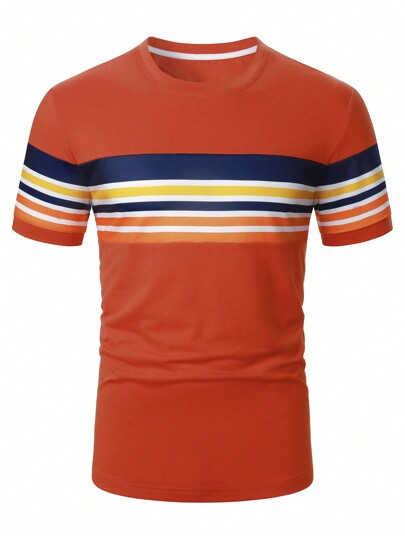 Manfinity Homme T-shirt à manches courtes pour hommes avec col rond, imprimé à rayures bicolores