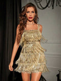 Belle Robe d'été tendance Robe à sequins dos nu mode Robe femme courte à bretelles à franges Robe verte pour fête de vacances