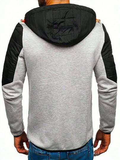 1 pièce Veste à capuche zippée décontractée à manches longues et patchwork pour homme, pour l'automne