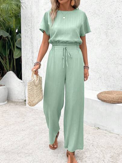 Frenchy Ensemble de pantalons pour femmes, texture lâche, couleur unie, tenue décontractée deux pièces, vêtements naturels