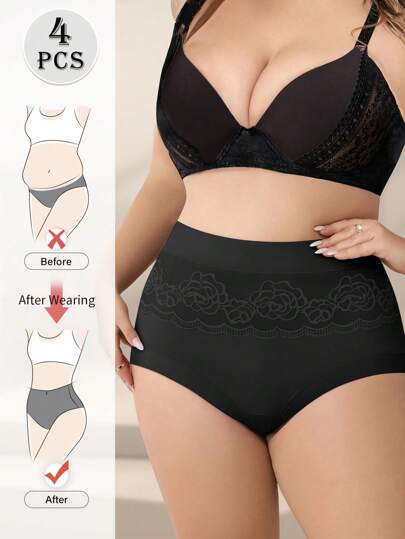 MEIYATING 4 pièces/paquet Culottes gainantes taille haute grande taille pour femmes, sous-vêtements confortables en maille à motif rose, pour elle