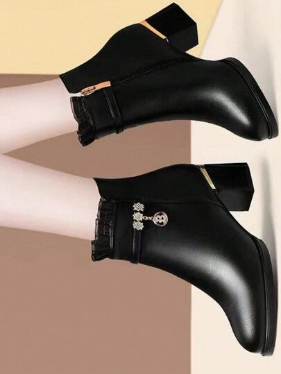 2025 Automne/Hiver Nouvelles Bottines à Bout Rond pour Femmes, Bottines à Talon Épais Talon Moyen, Bottines Slim avec Semelle Souple et Strass, Bottines Polyvalentes