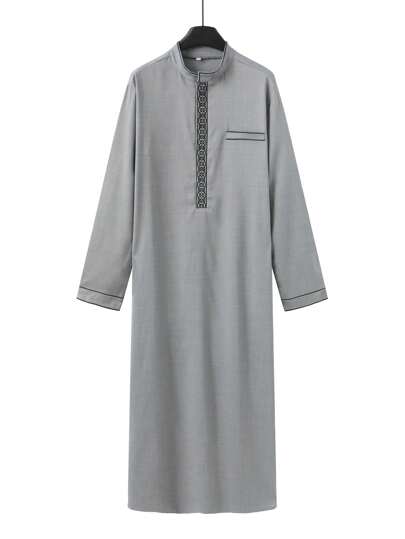 Tunique longue à manches longues brodée avec col montant pour homme, style arabe musulman