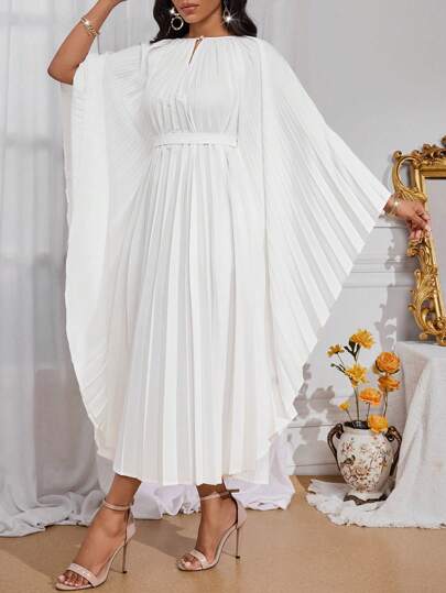 Robe longue pour femmes élégante, tenue de concert, couleur unie, manches chauve-souris plissées, vêtements d'automne pour les quatre saisons, costumes de vacances