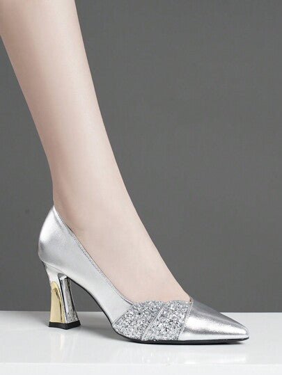 Chaussures à talons hauts scintillantes pour femmes, nouveaux styles en or, argent, marron, marron foncé. Escarpins mode à talons épais